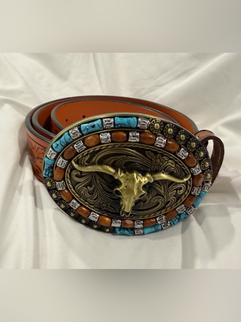 Western Longhorn Bull Belt Leather Turquoise Beaded Oversized Buckle